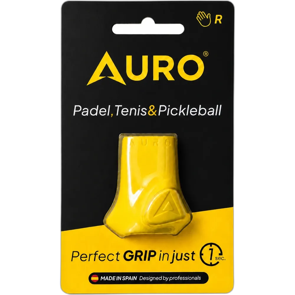 The Auro Grip in its packaging: a yellow moulded grip on a black card.